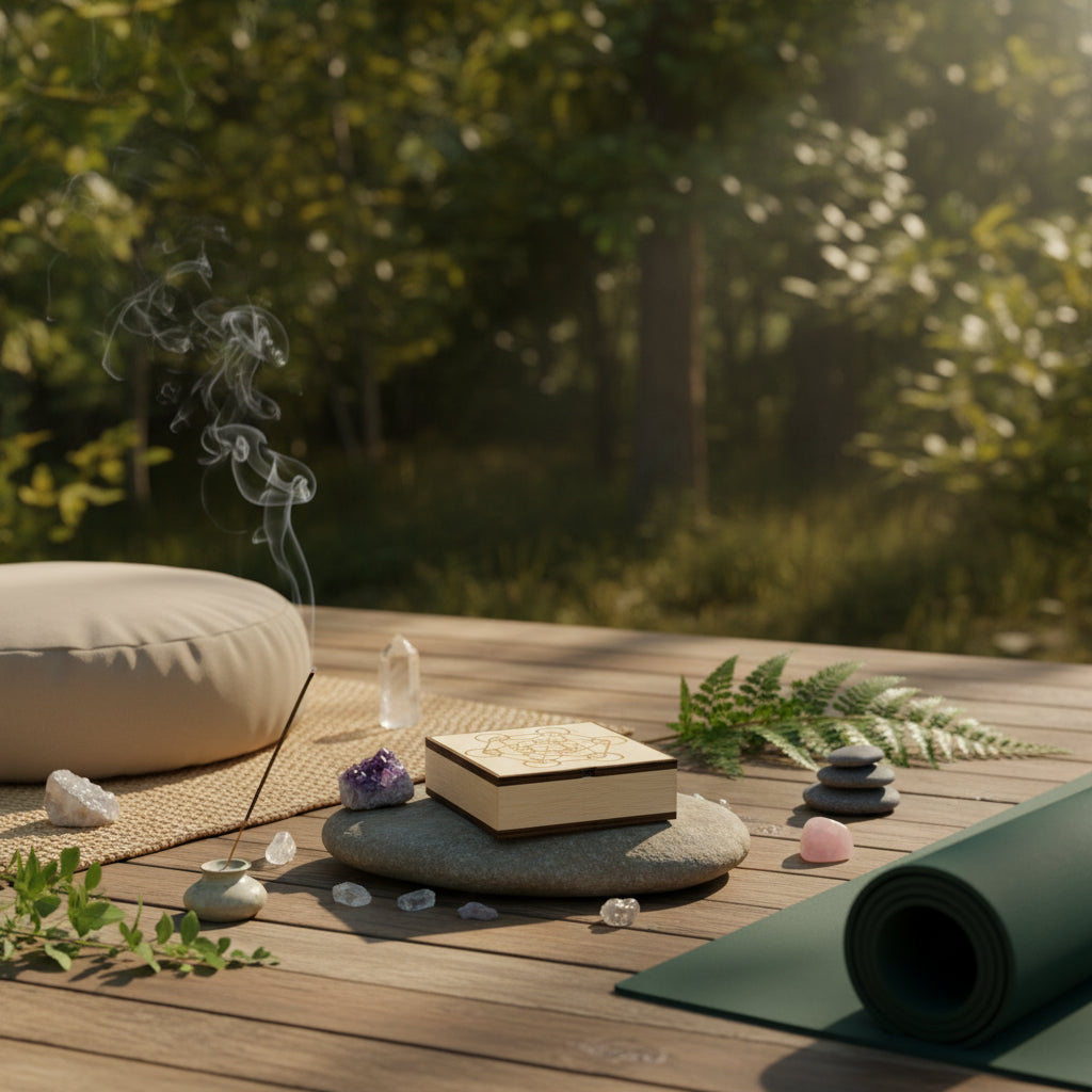 Crystal Storage Box with Interchangeably Sacred Geometry Grid Covers