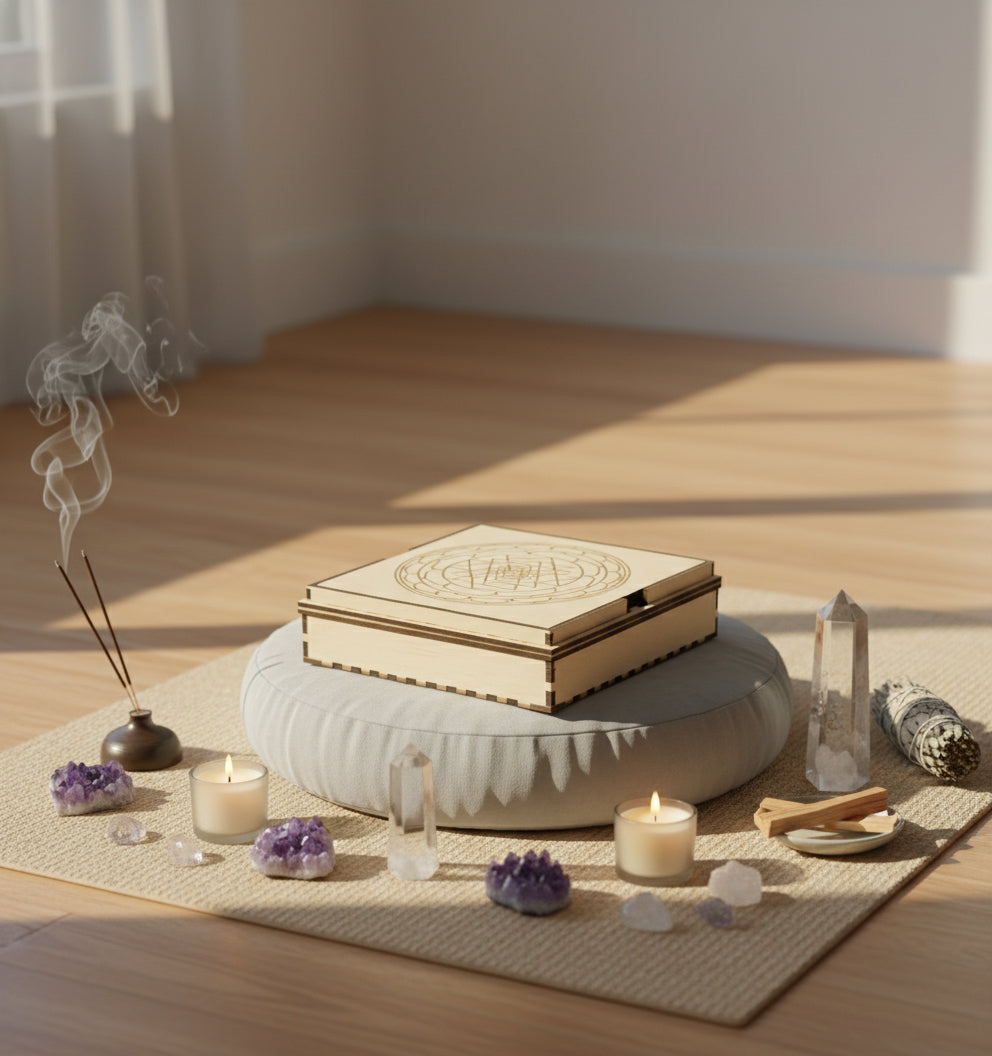 Crystal Storage Box with Interchangeably Sacred Geometry Grid Covers