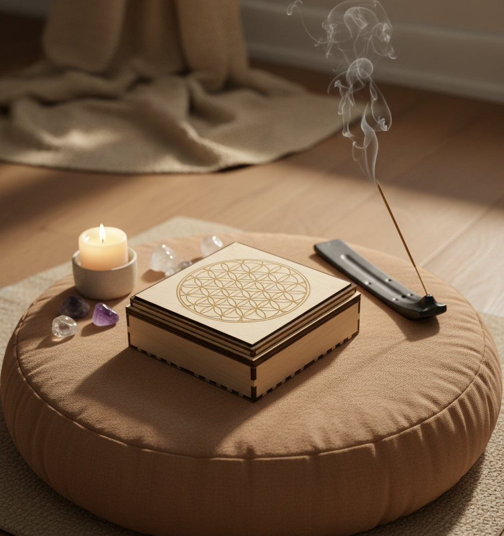 Crystal Storage Box with Interchangeably Sacred Geometry Grid Covers