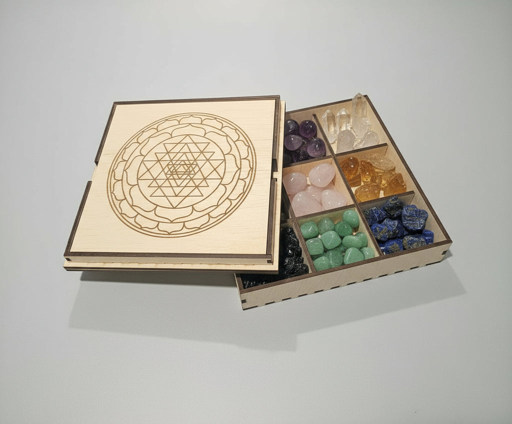 Crystal Storage Box with Interchangeably Sacred Geometry Grid Covers