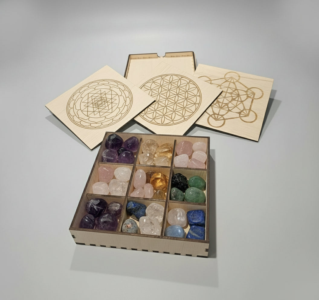 Crystal Storage Box with Interchangeably Sacred Geometry Grid Covers
