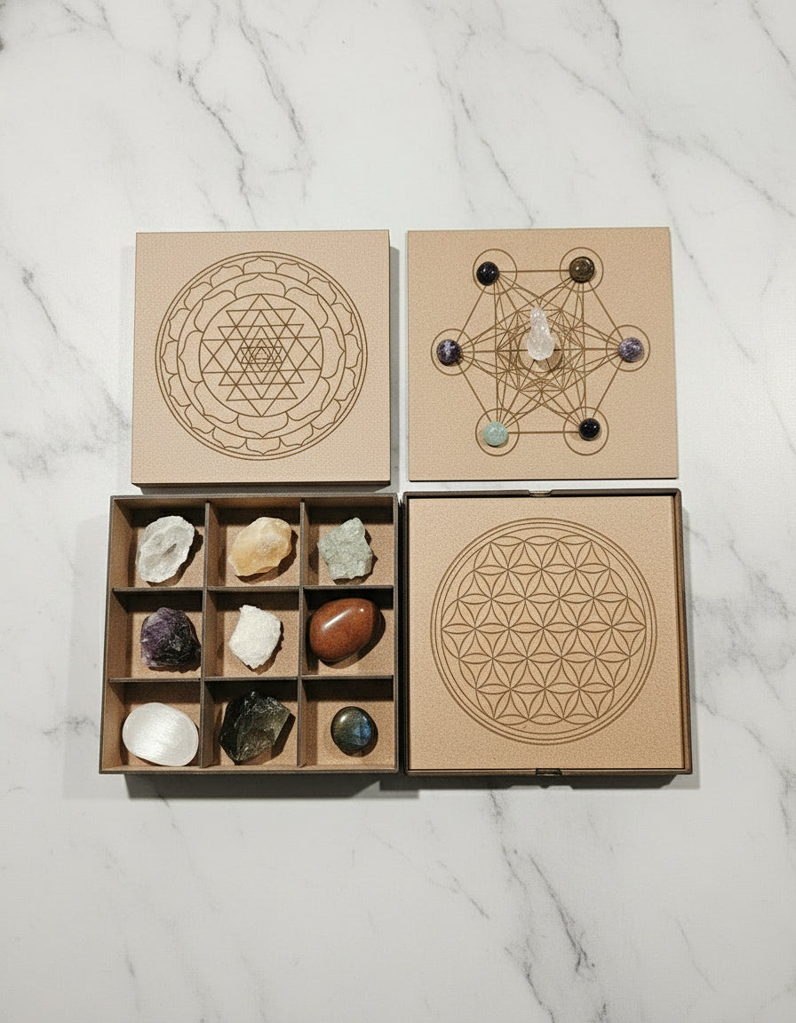 Crystal Storage Box with Interchangeably Sacred Geometry Grid Covers