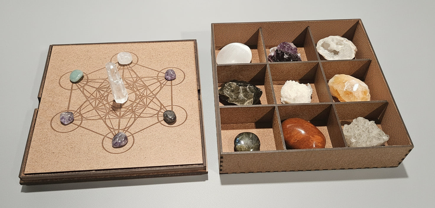 Crystal Storage Box with Interchangeably Sacred Geometry Grid Covers