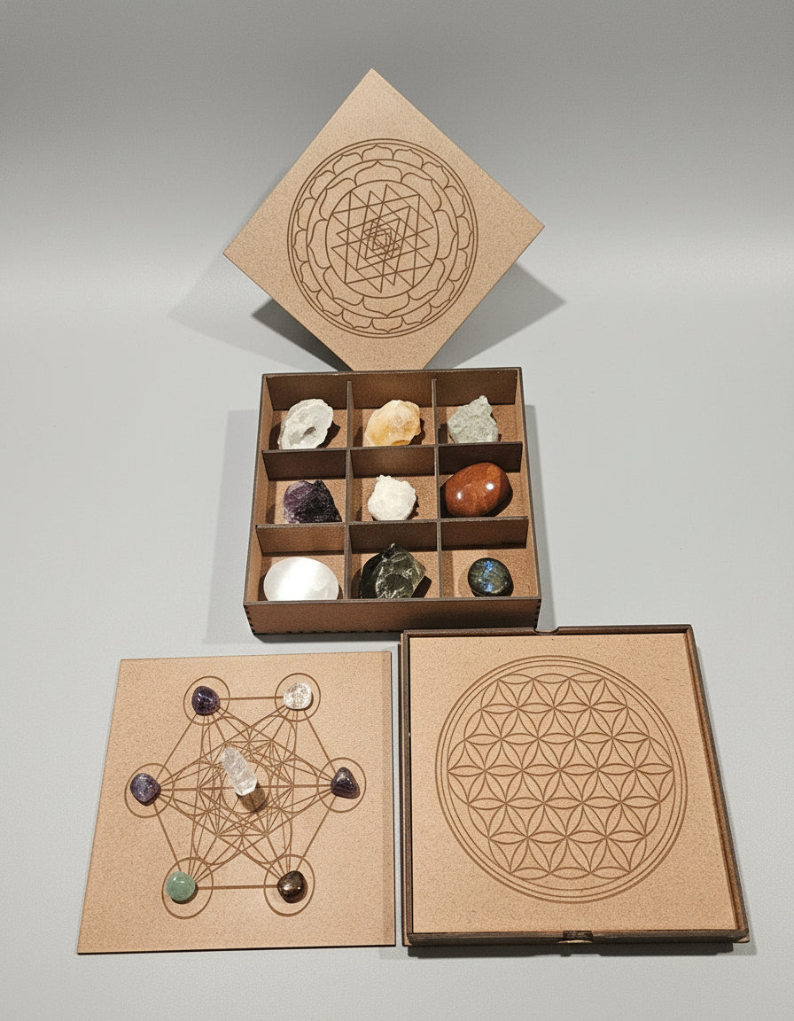 Crystal Storage Box with Interchangeably Sacred Geometry Grid Covers