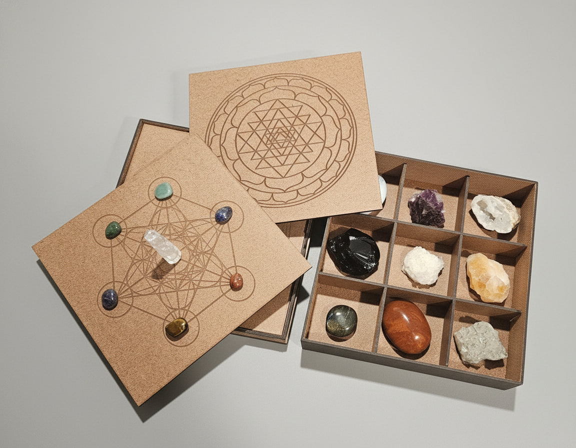 Crystal Storage Box with Interchangeably Sacred Geometry Grid Covers