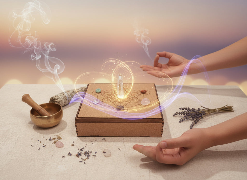 Crystal Storage Box with Interchangeably Sacred Geometry Grid Covers