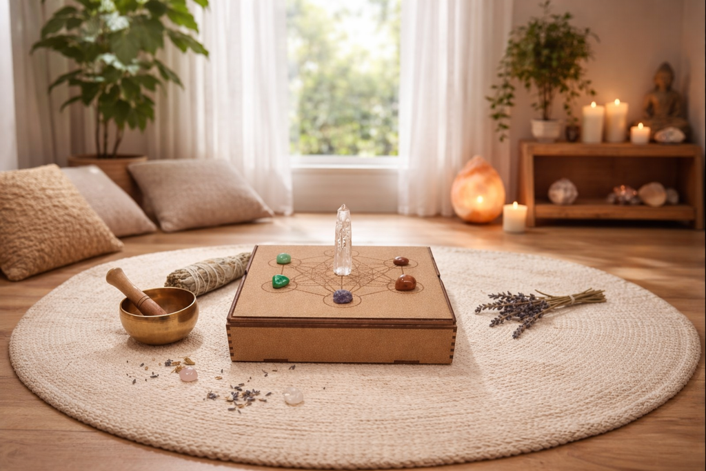 Crystal Storage Box with Interchangeably Sacred Geometry Grid Covers