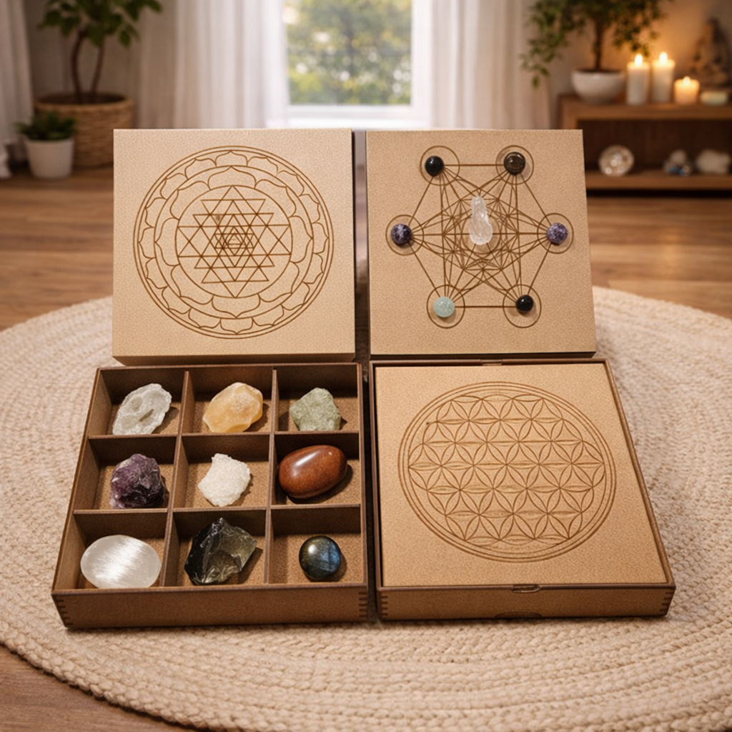 Crystal Storage Box with Interchangeably Sacred Geometry Grid Covers