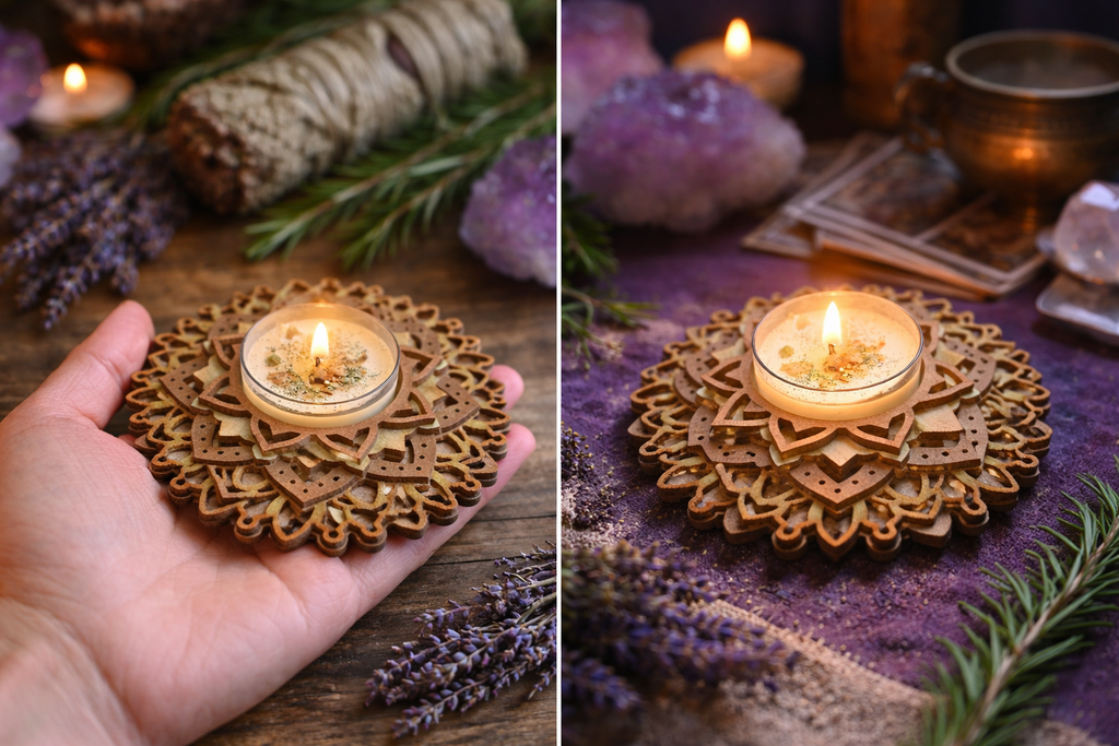 4-Inch Wooden Mandala Tealight Holder – Sacred Geometry Decor