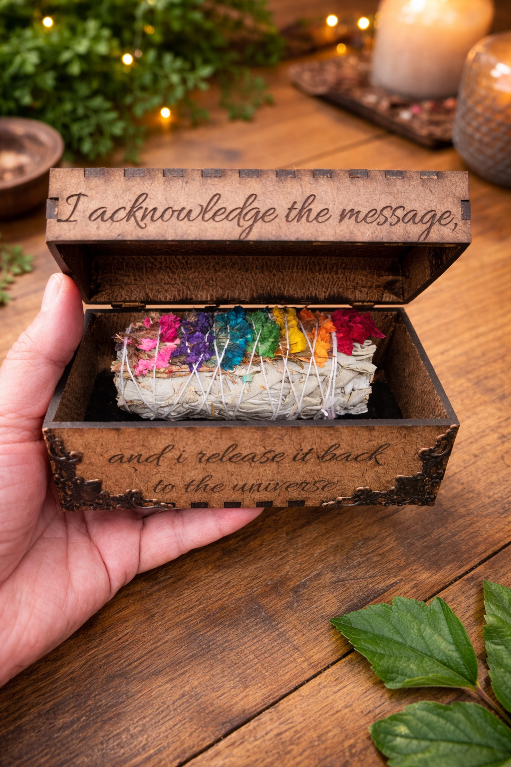 Wooden Smudge Box with Engraved Affirmation