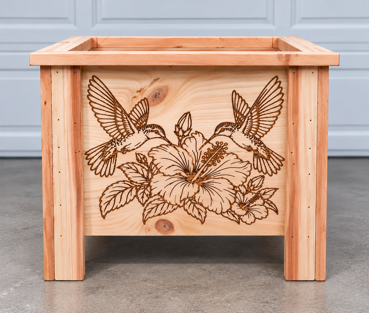 Handmade Cedar Planter Box with Engraved Design