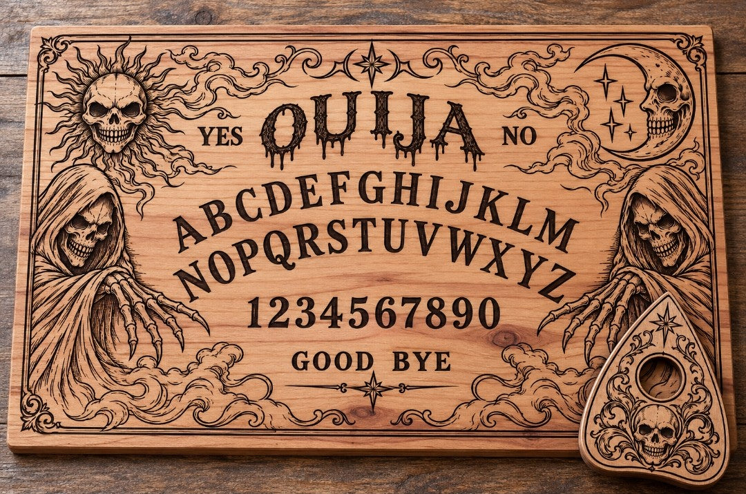 Laser Engraved Wooden Ouija Board – Gothic Skull & Grim Reaper Design