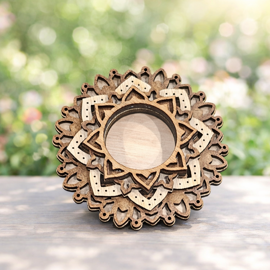 4-Inch Wooden Mandala Tealight Holder – Sacred Geometry Decor